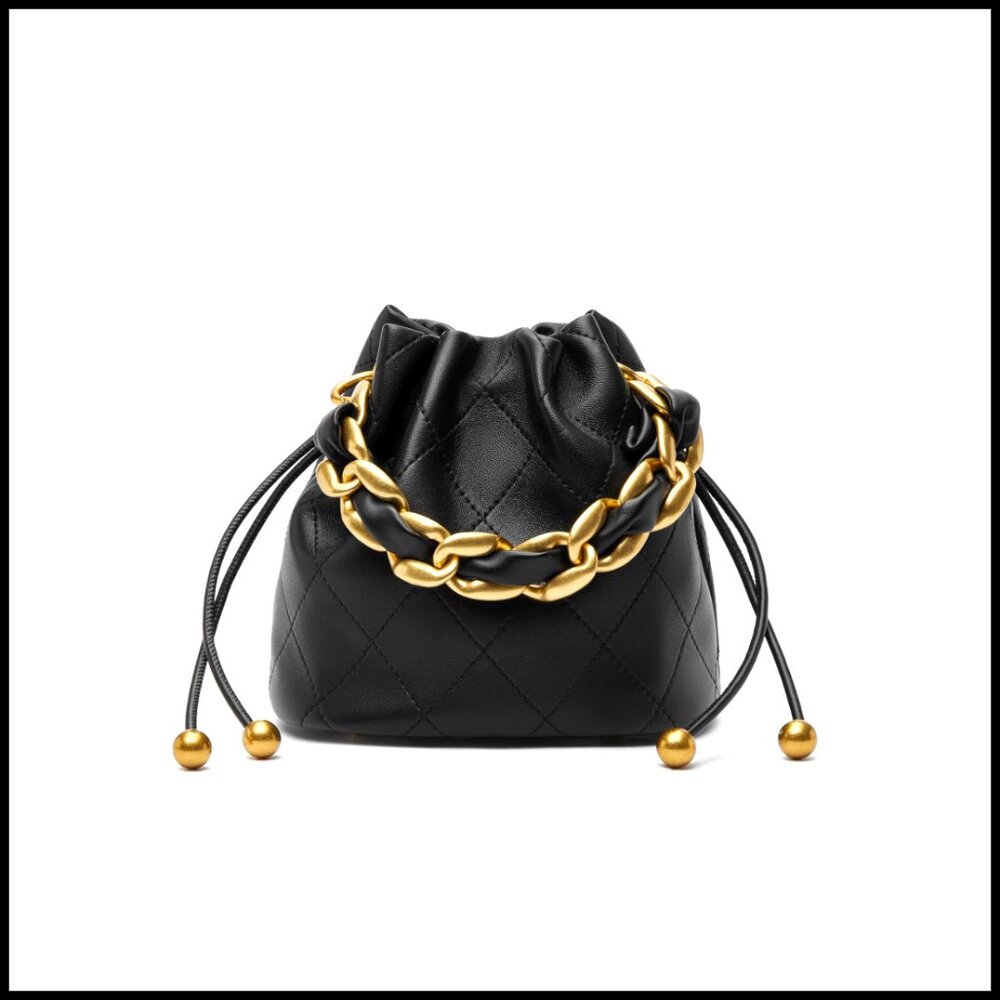 Small Lambskin Leather Bucket Bag with Chunky Chain Strap, Drawstring Closure
